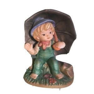 Vintage Ceramic Boy with Umbrella Napko Tiny Tots Figurine Hand Painted.